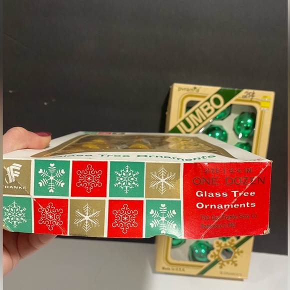 Vintage Ornaments Christmas Franke Shiny Brite in Box Gold Pyramid Green USA 30 - Picture 2 of 9